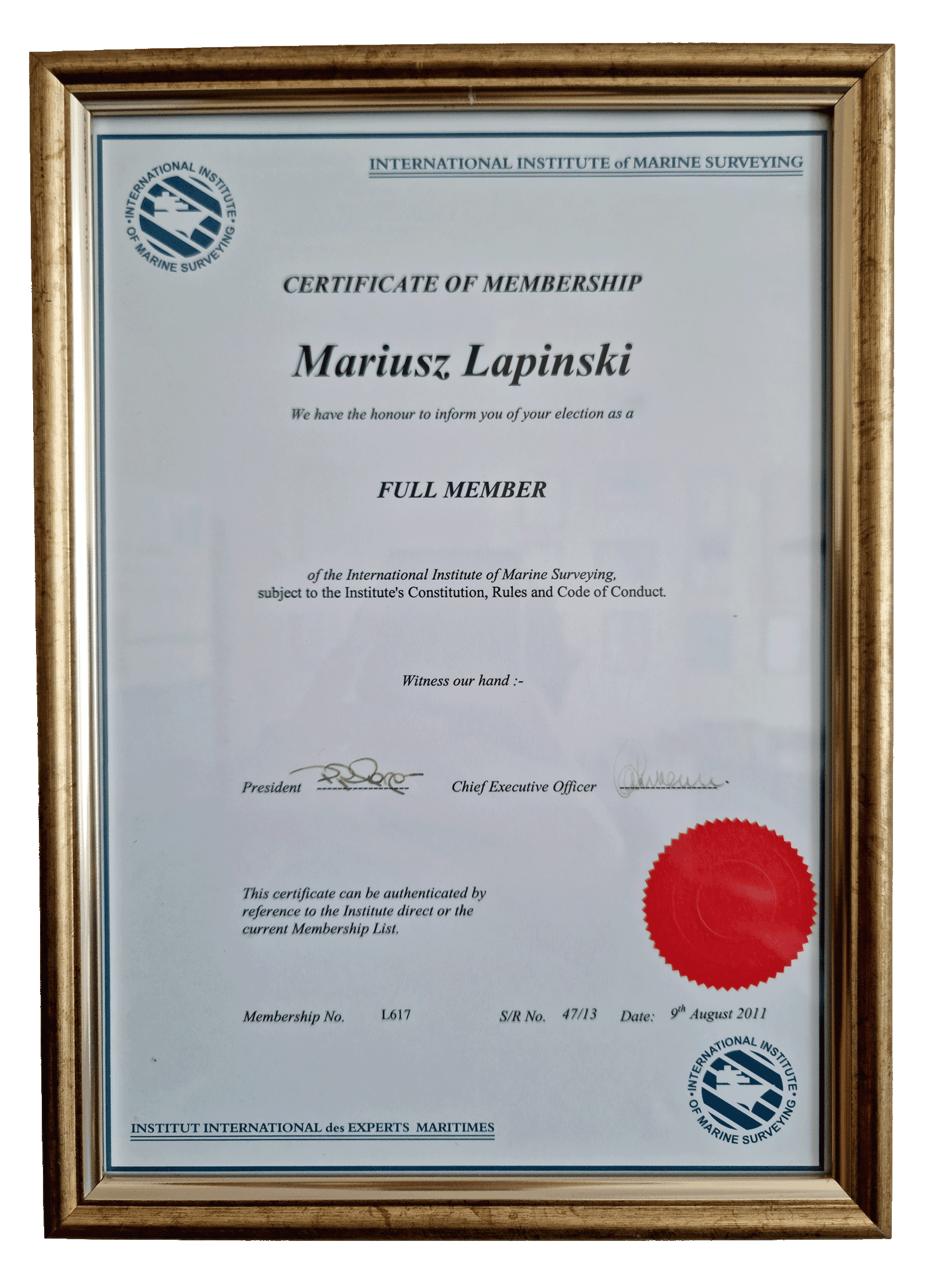 Certificate of Membership - International Institute of Marine Surveying