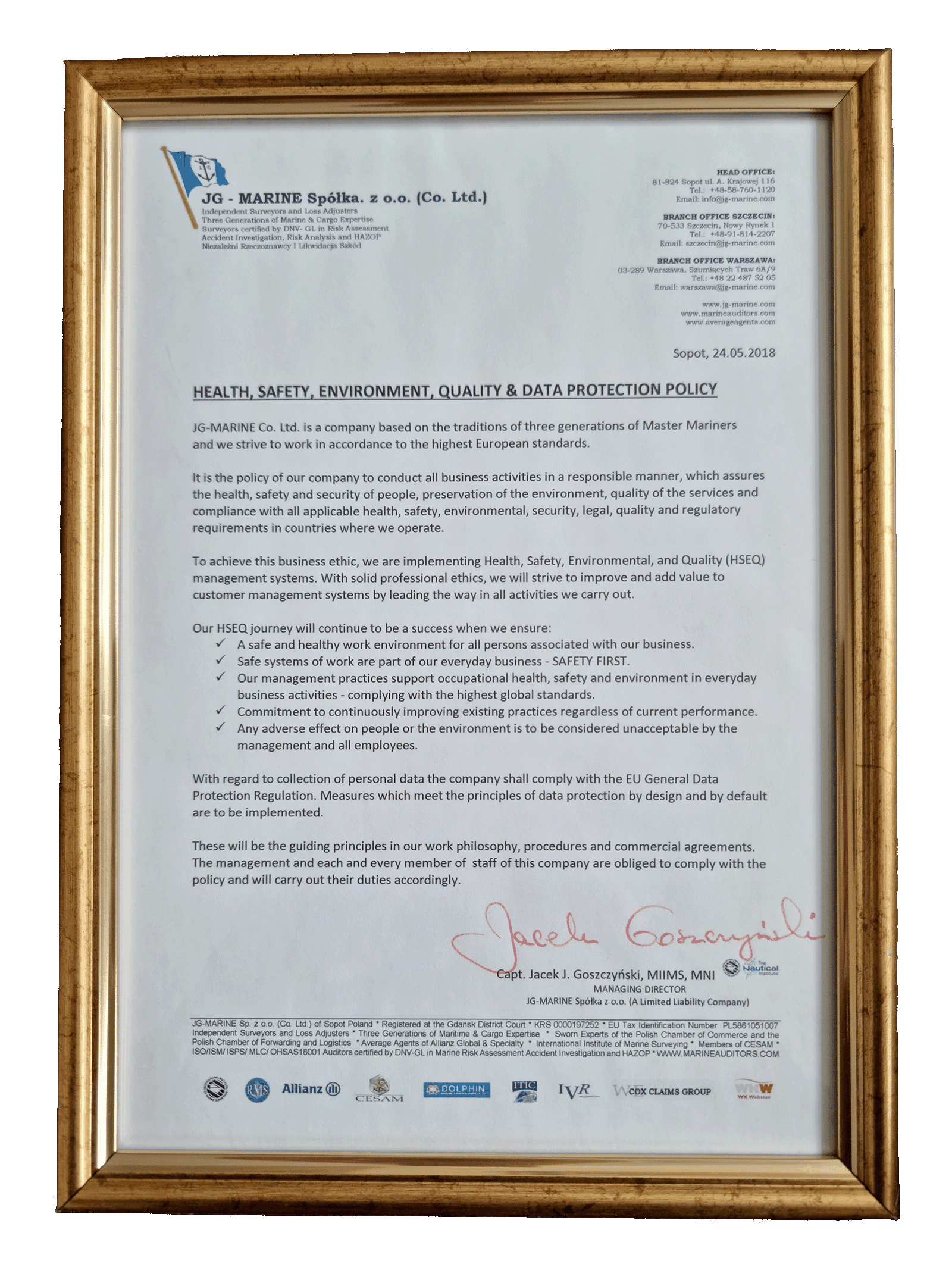 Health, Safety, Environment, Quality & Data Protection Policy - JG-MARINE Spółka z o.o. (Co. Ltd.)