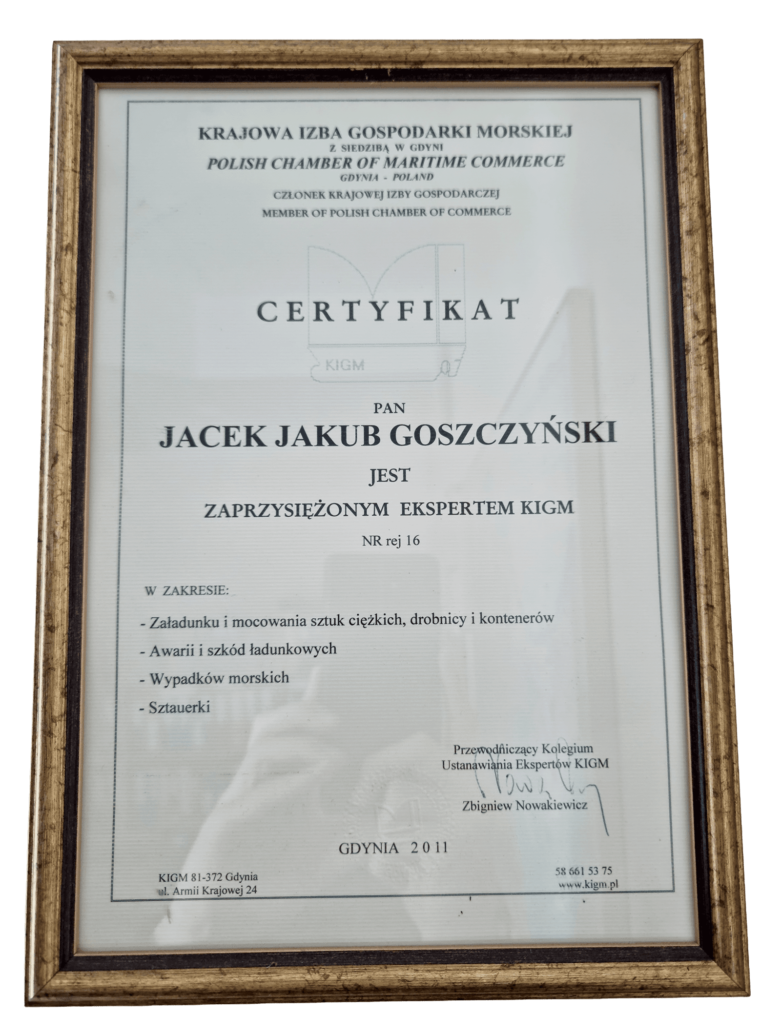 Certyfikat Ekspertem KIGM (KIGM Expert Certificate) - Krajowa Izba Gospodarki Morskiej (Polish Chamber of Maritime Commerce)
