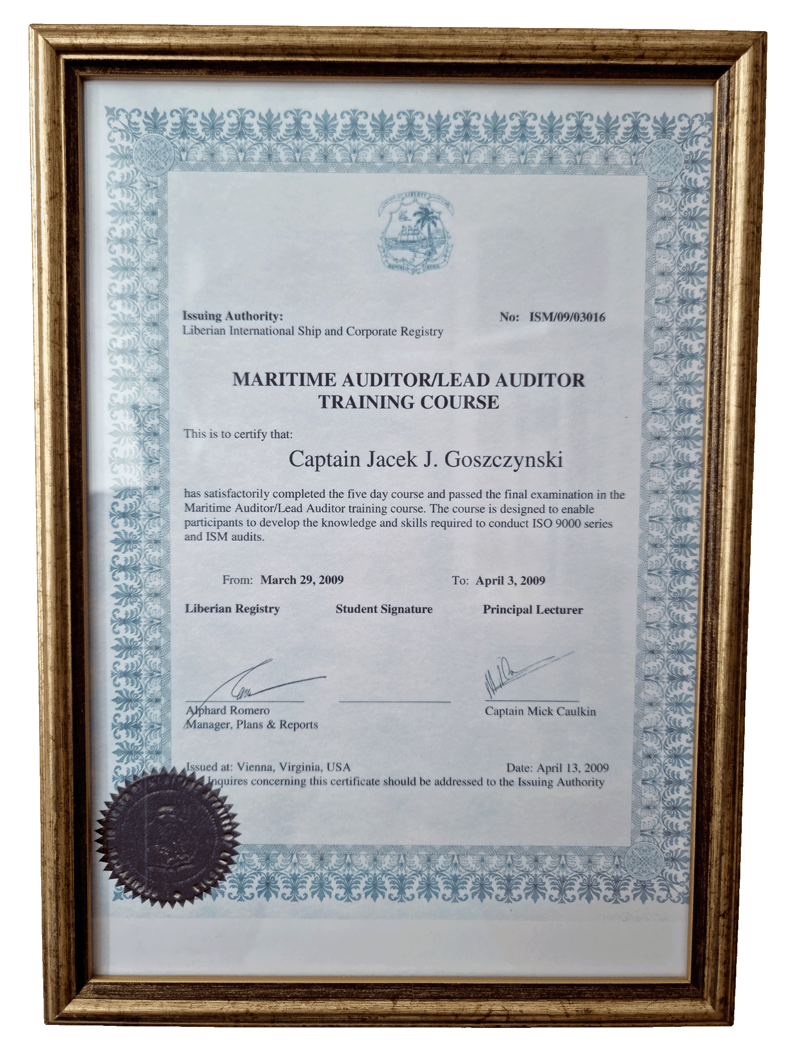 Maritime Auditor/Lead Auditor Training Course - Liberian International Ship and Corporate Registry