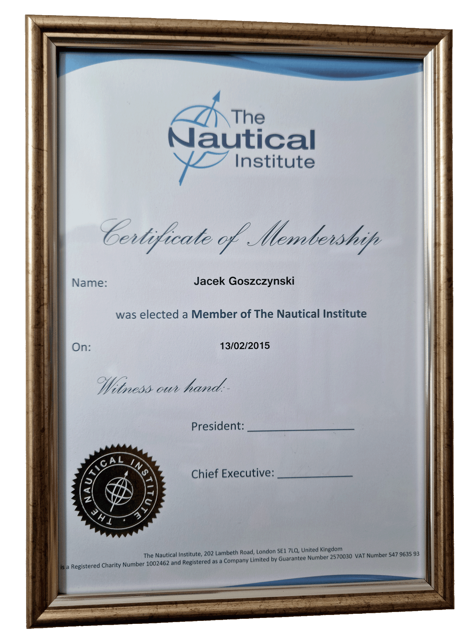 Certificate of Membership - The Nautical Institute