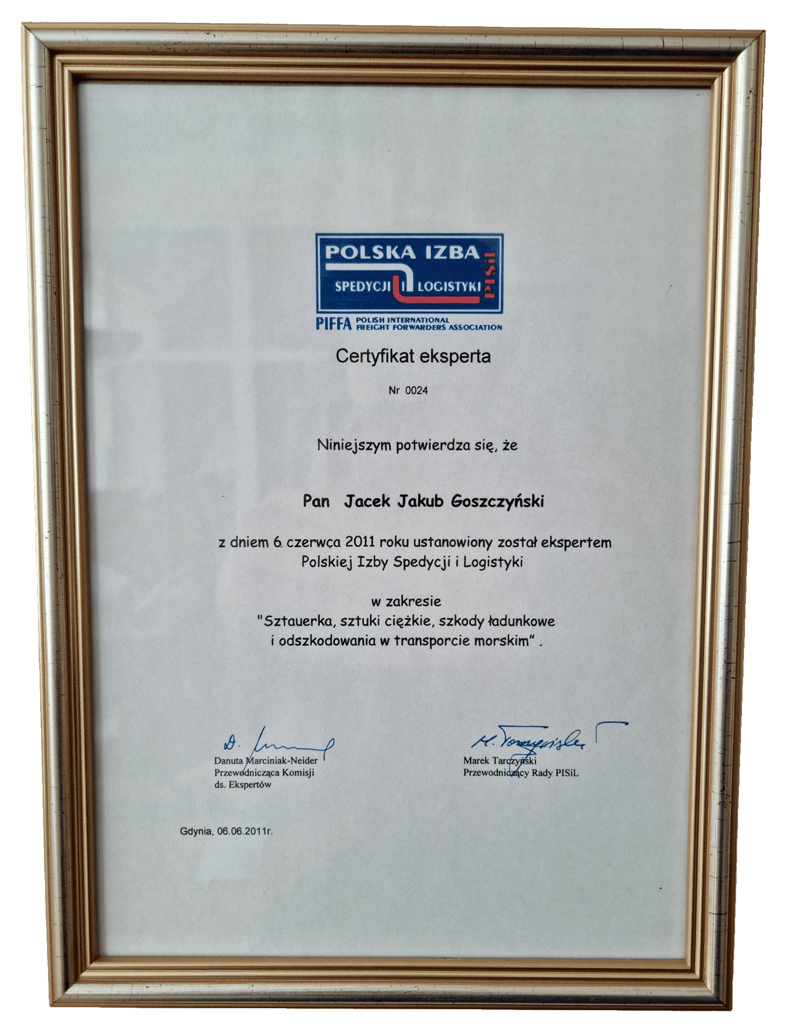 Certyfikat eksperta (Expert Certificate) - Polska Izba Spedycji i Logistyki (PIFFA - Polish International Freight Forwarders Association)